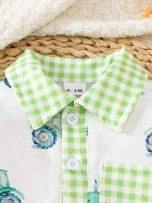 Children's Tractor Print Gingham Trim Baby One-Piece