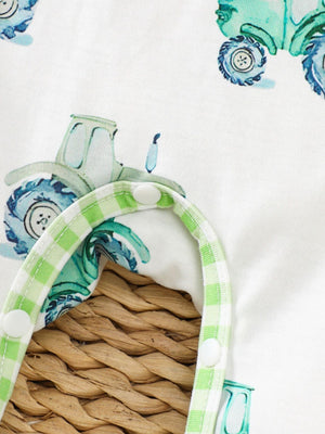 Children's Tractor Print Gingham Trim Baby One-Piece
