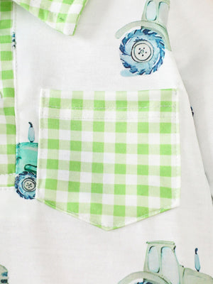 Children's Tractor Print Gingham Trim Baby One-Piece